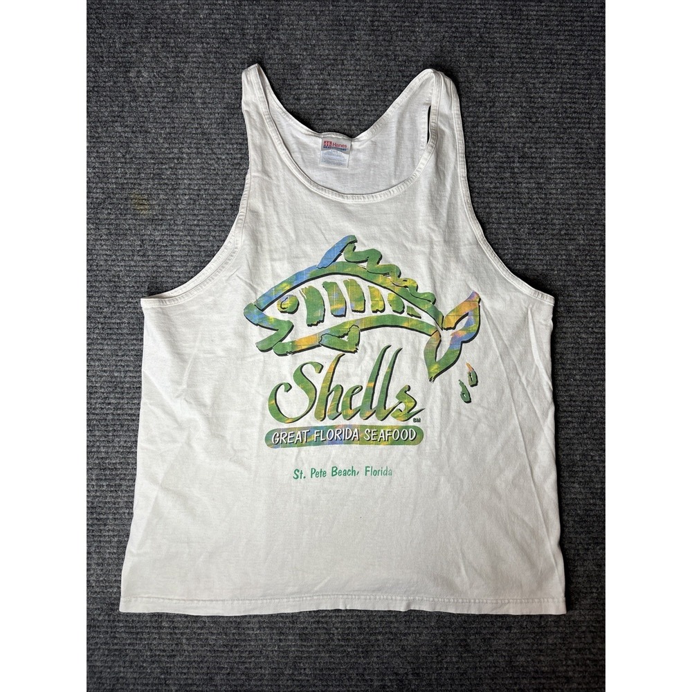Vintage Florida Shells Seafood Resturant Fish Graphic White Tank top Shirt Large